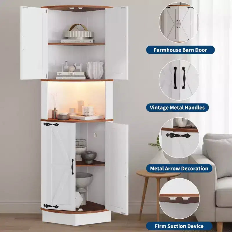 COZONY 65 Armoire d'angle de ferme avec portes de grange, meuble de rangement d'angle autoportant à 5 niveaux pour cuisine, salle de bain ou salon