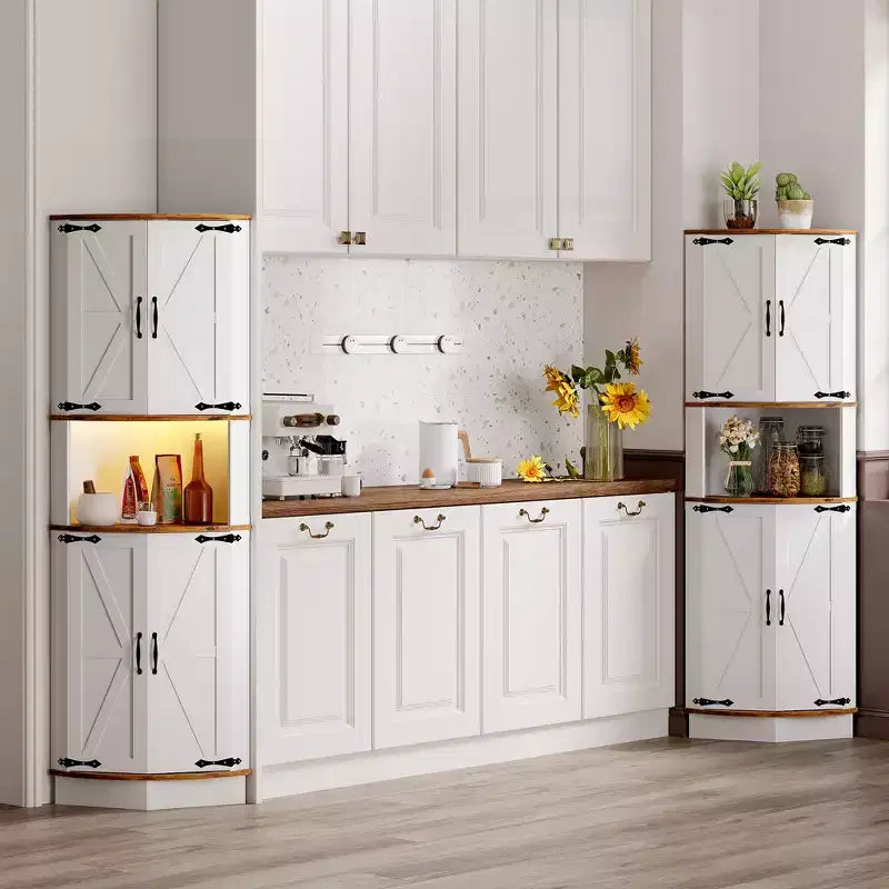 COZONY 65 Armoire d'angle de ferme avec portes de grange, meuble de rangement d'angle autoportant à 5 niveaux pour cuisine, salle de bain ou salon