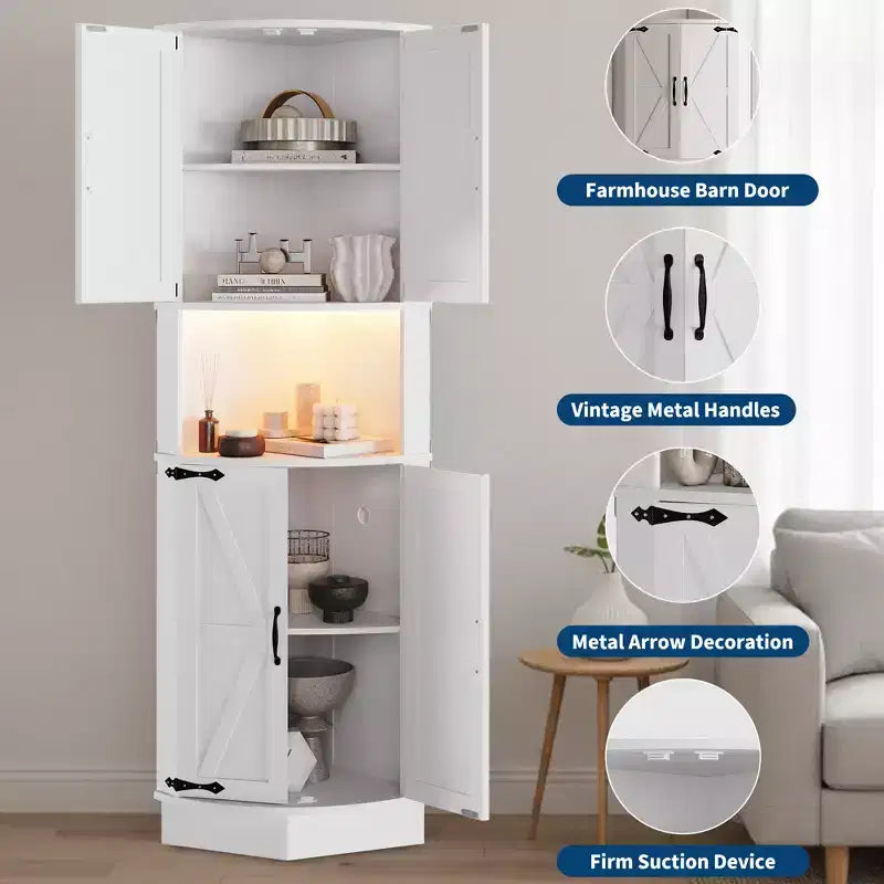 COZONY 65 Armoire d'angle de ferme avec portes de grange, meuble de rangement d'angle autoportant à 5 niveaux pour cuisine, salle de bain ou salon