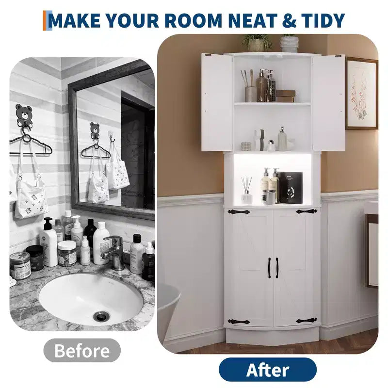 COZONY 65 Armoire d'angle de ferme avec portes de grange, meuble de rangement d'angle autoportant à 5 niveaux pour cuisine, salle de bain ou salon