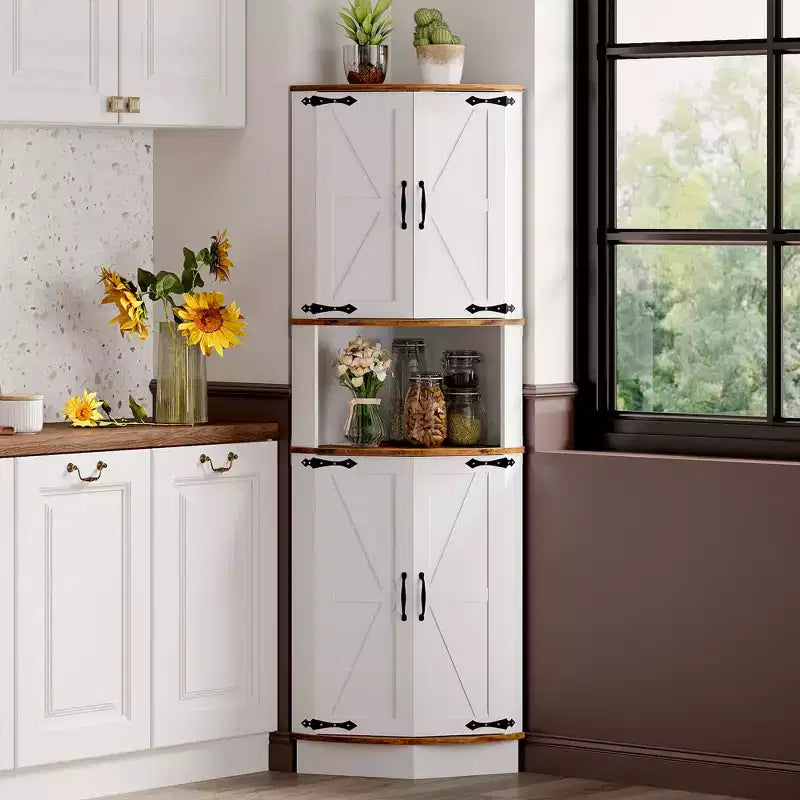COZONY 65 Armoire d'angle de ferme avec portes de grange, meuble de rangement d'angle autoportant à 5 niveaux pour cuisine, salle de bain ou salon