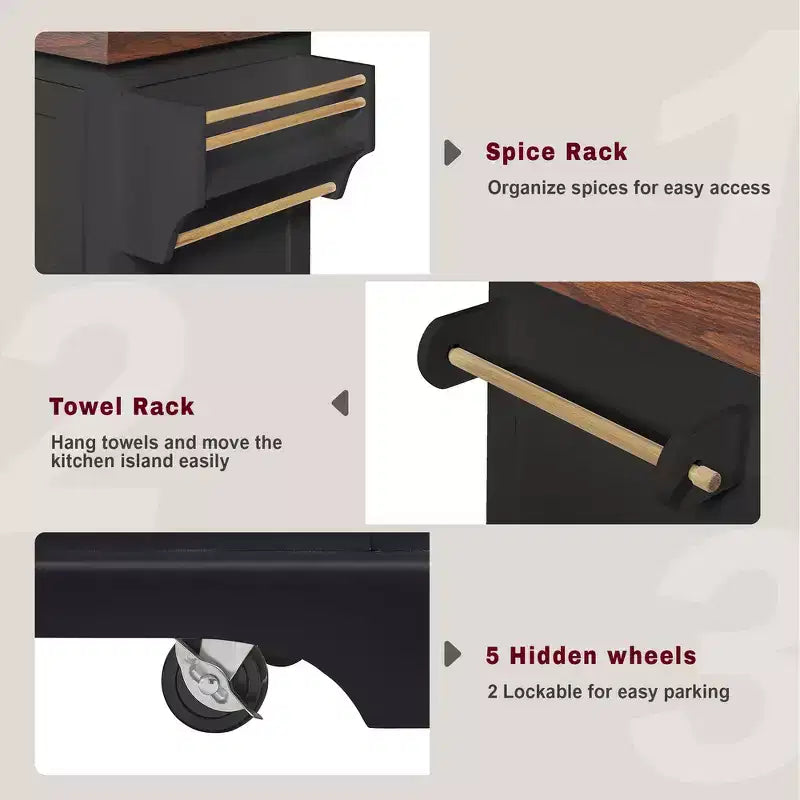 Îlot de cuisine Whisen grande capacité, chariot de cuisine portable à roulettes avec plateau épais de 3,5 po, 5 roues, 2 tiroirs, porte-serviettes