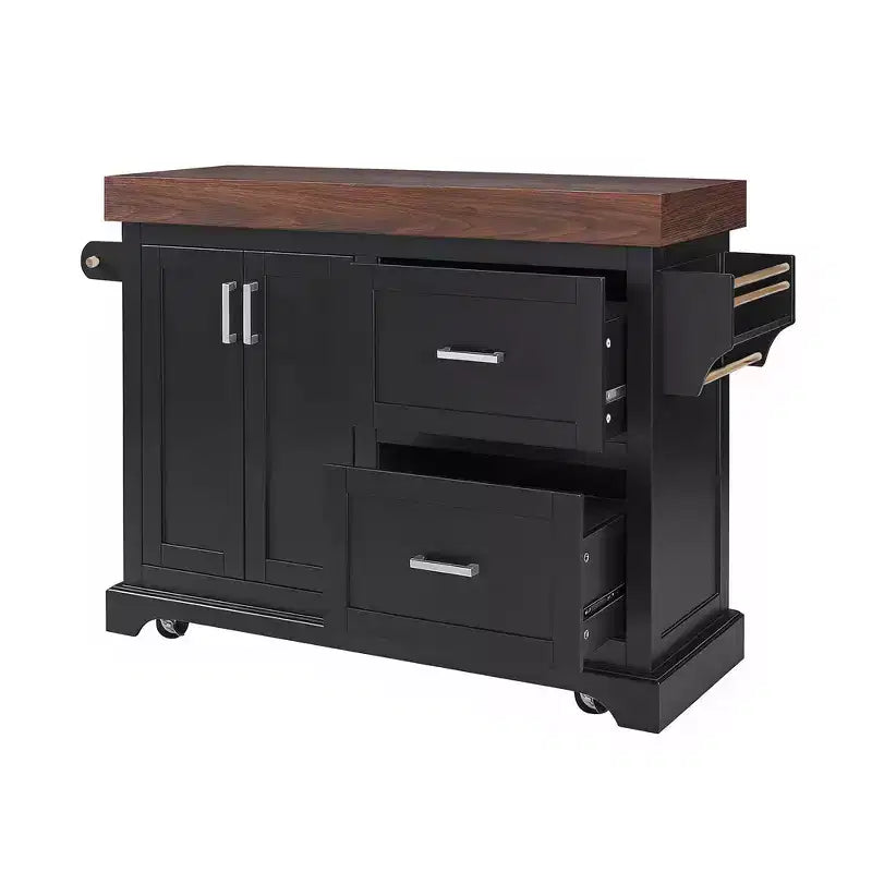 Îlot de cuisine Whisen grande capacité, chariot de cuisine portable à roulettes avec plateau épais de 3,5 po, 5 roues, 2 tiroirs, porte-serviettes