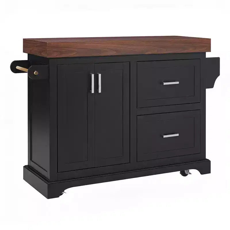 Îlot de cuisine Whisen grande capacité, chariot de cuisine portable à roulettes avec plateau épais de 3,5 po, 5 roues, 2 tiroirs, porte-serviettes