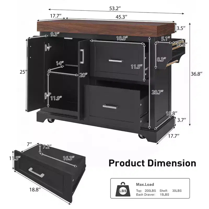 Îlot de cuisine Whisen grande capacité, chariot de cuisine portable à roulettes avec plateau épais de 3,5 po, 5 roues, 2 tiroirs, porte-serviettes