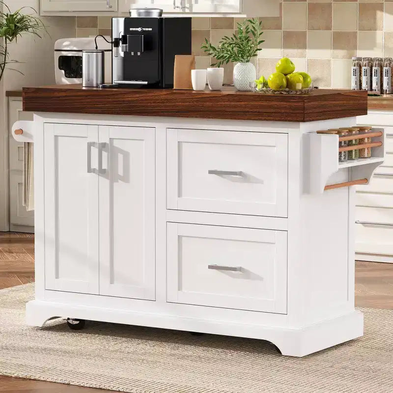Îlot de cuisine Whisen grande capacité, chariot de cuisine portable à roulettes avec plateau épais de 3,5 po, 5 roues, 2 tiroirs, porte-serviettes