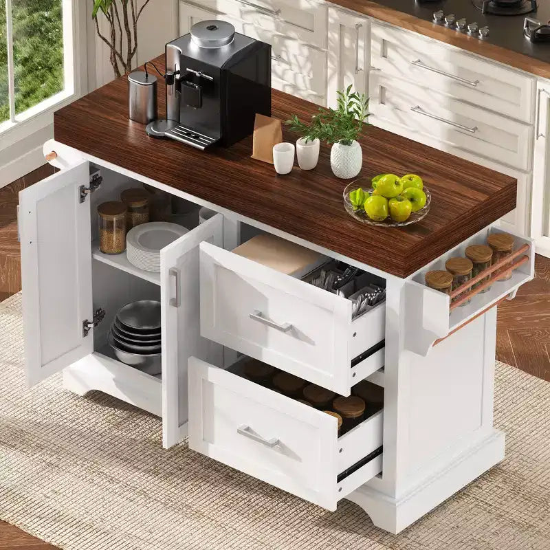 Îlot de cuisine Whisen grande capacité, chariot de cuisine portable à roulettes avec plateau épais de 3,5 po, 5 roues, 2 tiroirs, porte-serviettes