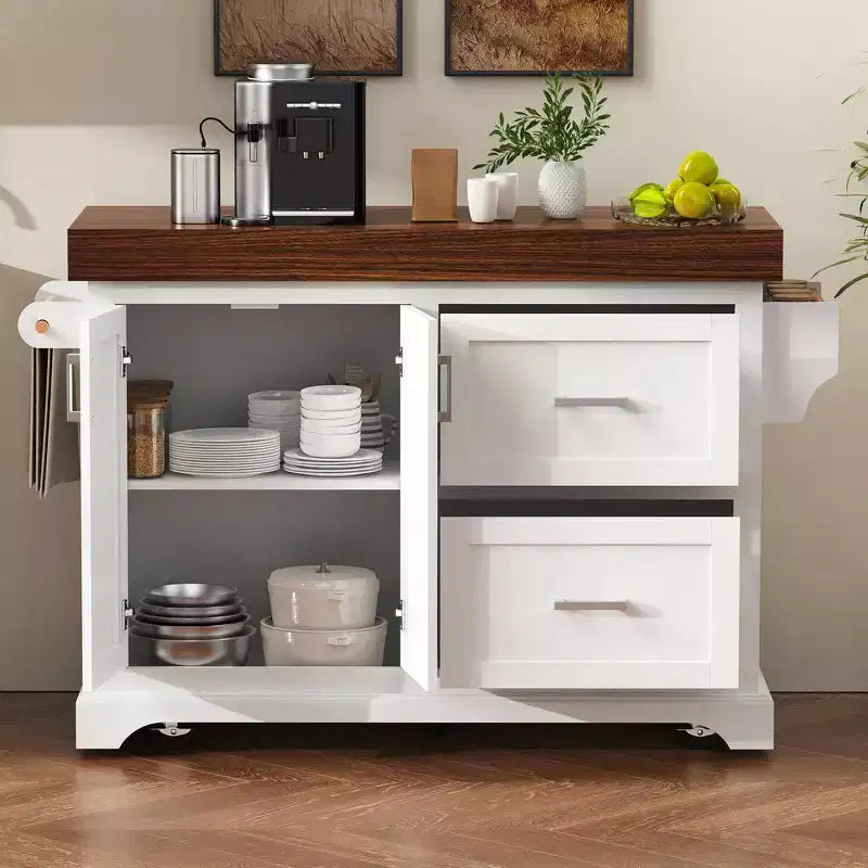 Îlot de cuisine Whisen grande capacité, chariot de cuisine portable à roulettes avec plateau épais de 3,5 po, 5 roues, 2 tiroirs, porte-serviettes
