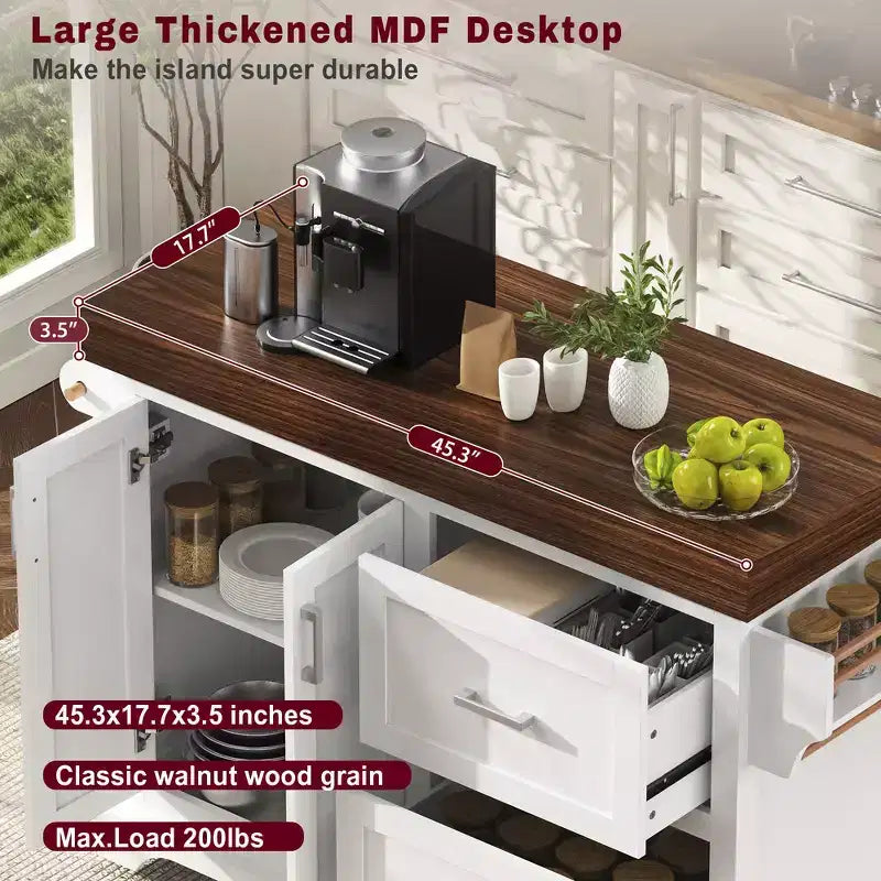 Îlot de cuisine Whisen grande capacité, chariot de cuisine portable à roulettes avec plateau épais de 3,5 po, 5 roues, 2 tiroirs, porte-serviettes