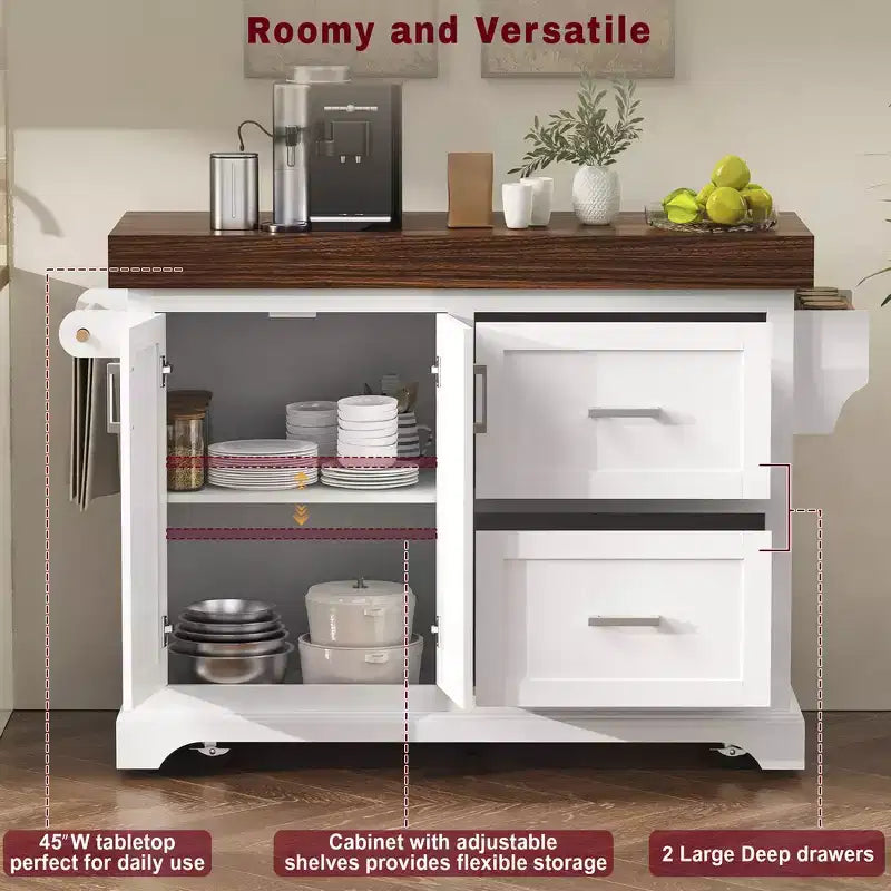 Îlot de cuisine Whisen grande capacité, chariot de cuisine portable à roulettes avec plateau épais de 3,5 po, 5 roues, 2 tiroirs, porte-serviettes