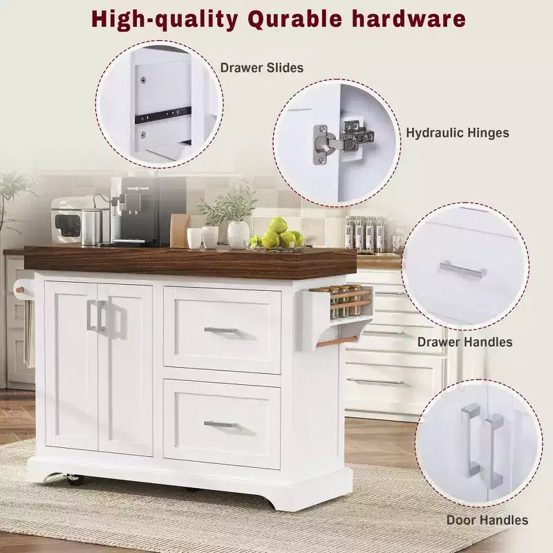 Îlot de cuisine Whisen grande capacité, chariot de cuisine portable à roulettes avec plateau épais de 3,5 po, 5 roues, 2 tiroirs, porte-serviettes