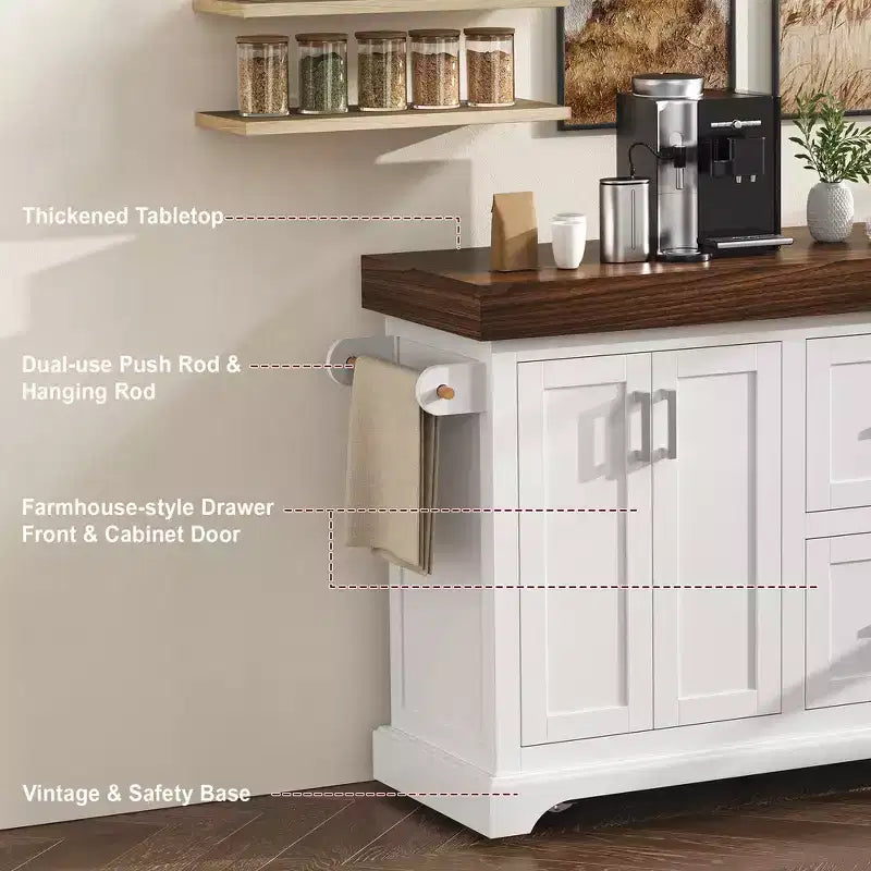 Îlot de cuisine Whisen grande capacité, chariot de cuisine portable à roulettes avec plateau épais de 3,5 po, 5 roues, 2 tiroirs, porte-serviettes