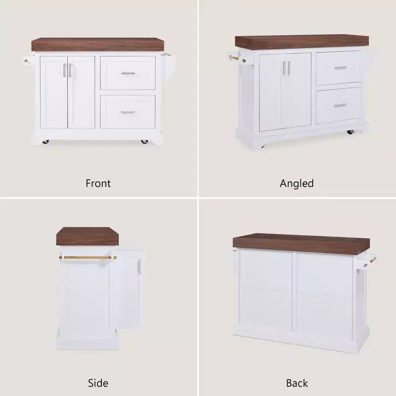 Îlot de cuisine Whisen grande capacité, chariot de cuisine portable à roulettes avec plateau épais de 3,5 po, 5 roues, 2 tiroirs, porte-serviettes