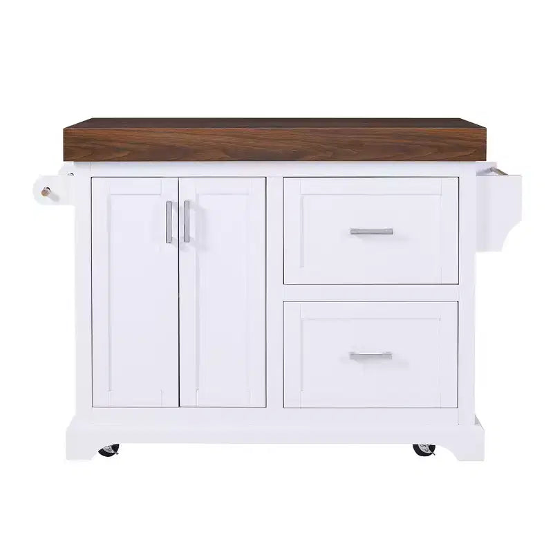 Îlot de cuisine Whisen grande capacité, chariot de cuisine portable à roulettes avec plateau épais de 3,5 po, 5 roues, 2 tiroirs, porte-serviettes