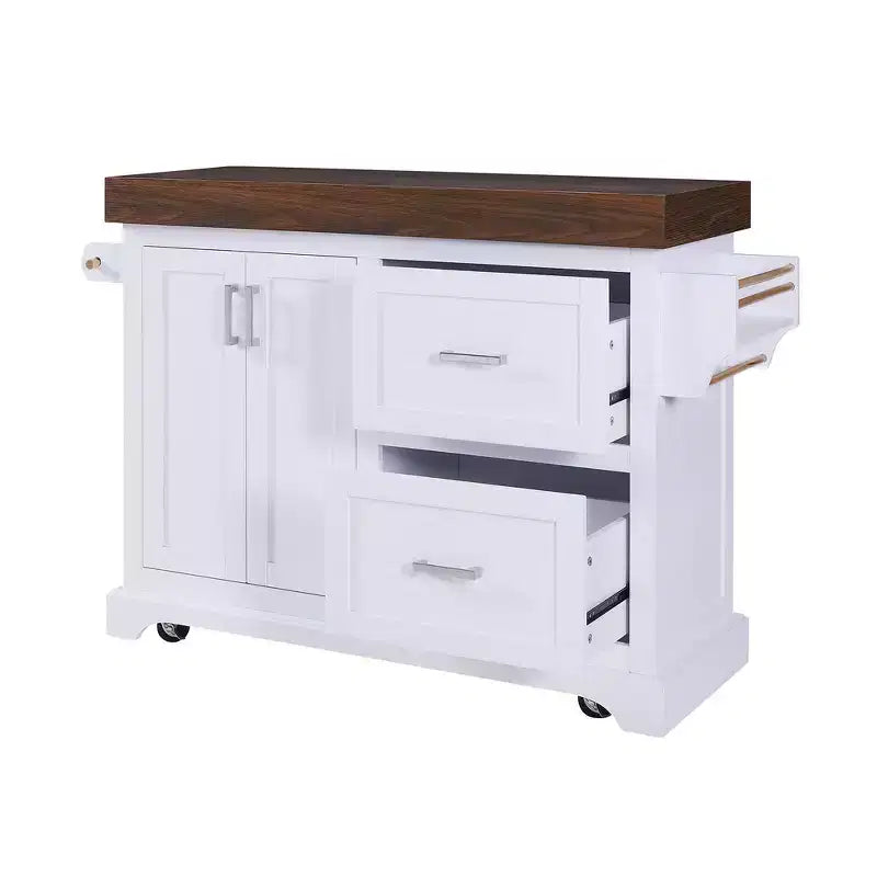 Îlot de cuisine Whisen grande capacité, chariot de cuisine portable à roulettes avec plateau épais de 3,5 po, 5 roues, 2 tiroirs, porte-serviettes