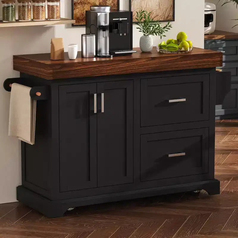 Îlot de cuisine Whisen grande capacité, chariot de cuisine portable à roulettes avec plateau épais de 3,5 po, 5 roues, 2 tiroirs, porte-serviettes