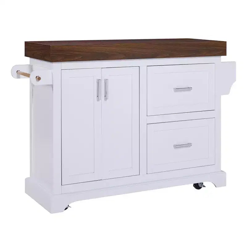 Îlot de cuisine Whisen grande capacité, chariot de cuisine portable à roulettes avec plateau épais de 3,5 po, 5 roues, 2 tiroirs, porte-serviettes