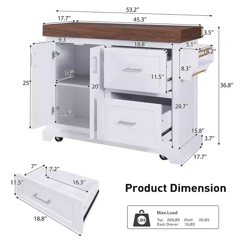Îlot de cuisine Whisen grande capacité, chariot de cuisine portable à roulettes avec plateau épais de 3,5 po, 5 roues, 2 tiroirs, porte-serviettes