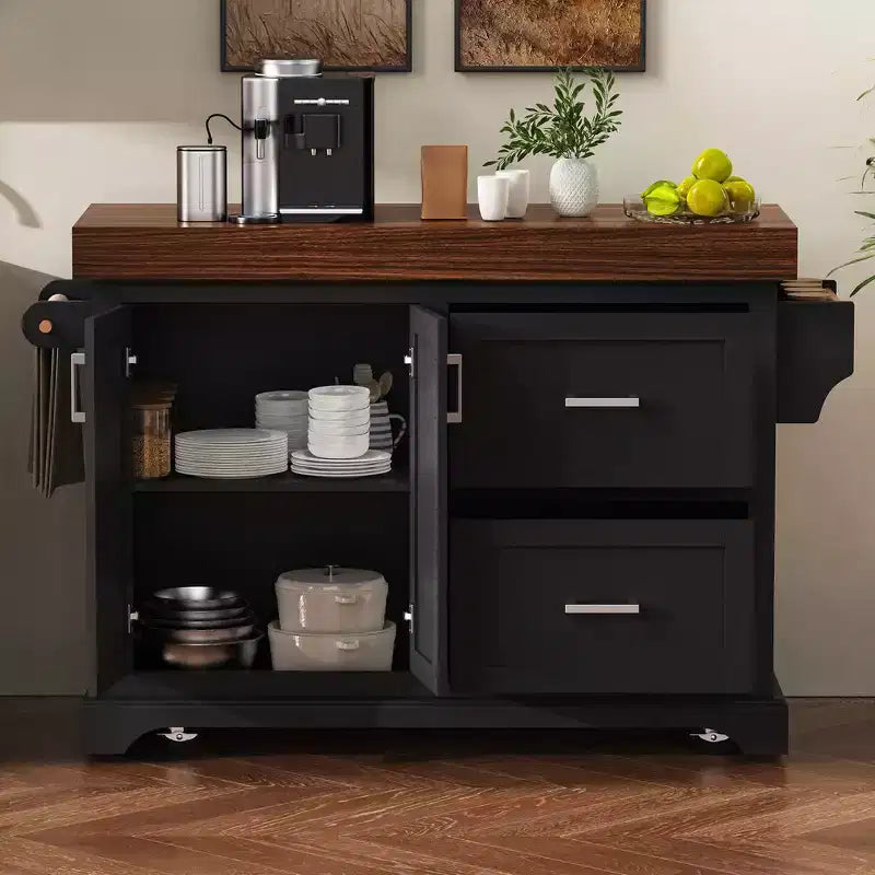 Îlot de cuisine Whisen grande capacité, chariot de cuisine portable à roulettes avec plateau épais de 3,5 po, 5 roues, 2 tiroirs, porte-serviettes