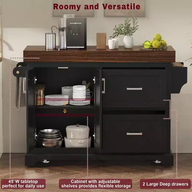 Îlot de cuisine Whisen grande capacité, chariot de cuisine portable à roulettes avec plateau épais de 3,5 po, 5 roues, 2 tiroirs, porte-serviettes