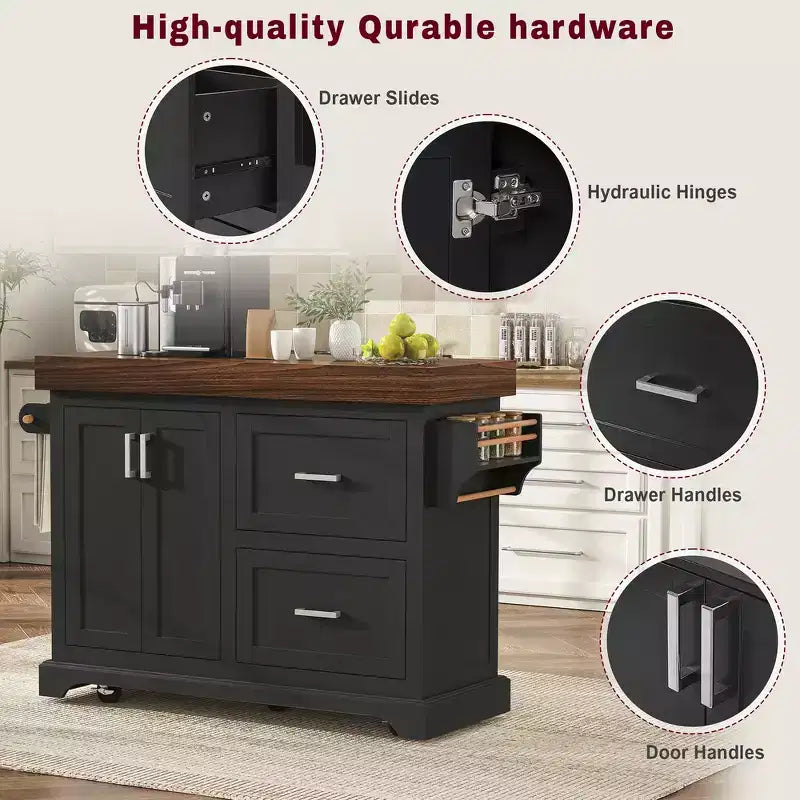 Îlot de cuisine Whisen grande capacité, chariot de cuisine portable à roulettes avec plateau épais de 3,5 po, 5 roues, 2 tiroirs, porte-serviettes