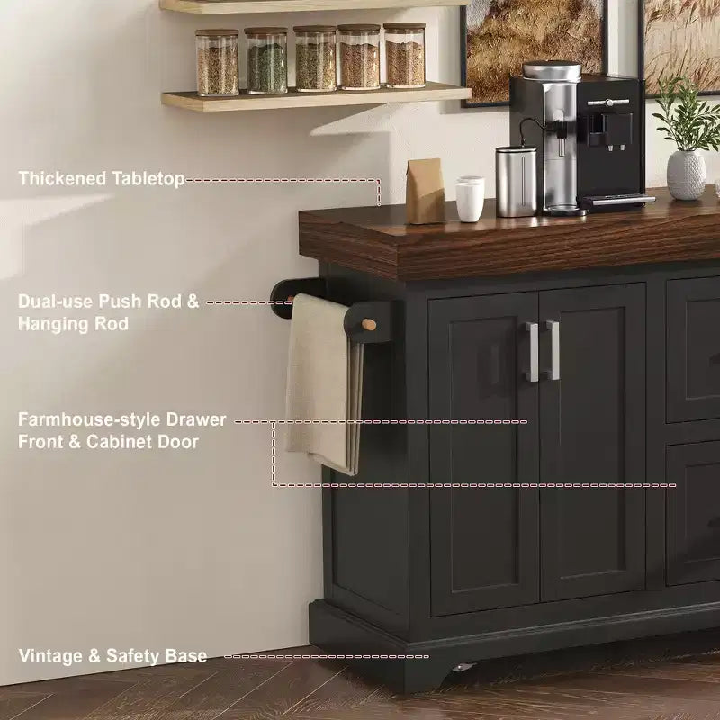 Îlot de cuisine Whisen grande capacité, chariot de cuisine portable à roulettes avec plateau épais de 3,5 po, 5 roues, 2 tiroirs, porte-serviettes