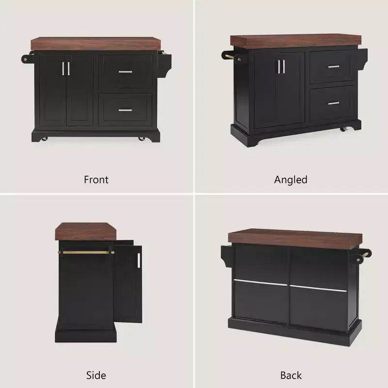 Îlot de cuisine Whisen grande capacité, chariot de cuisine portable à roulettes avec plateau épais de 3,5 po, 5 roues, 2 tiroirs, porte-serviettes