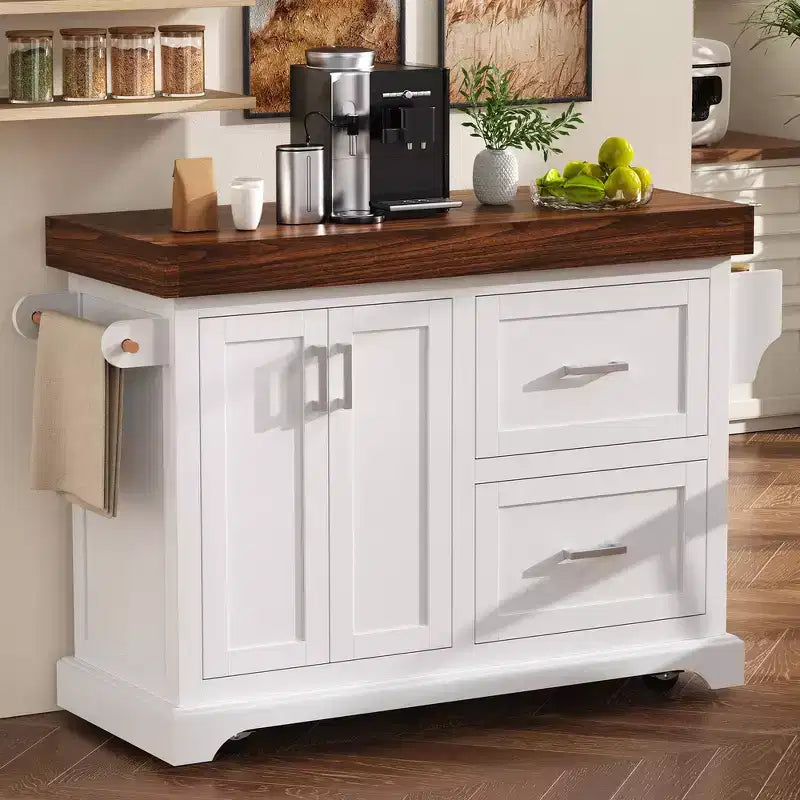 Îlot de cuisine Whisen grande capacité, chariot de cuisine portable à roulettes avec plateau épais de 3,5 po, 5 roues, 2 tiroirs, porte-serviettes