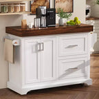 Îlot de cuisine Whisen grande capacité, chariot de cuisine portable à roulettes avec plateau épais de 3,5 po, 5 roues, 2 tiroirs, porte-serviettes