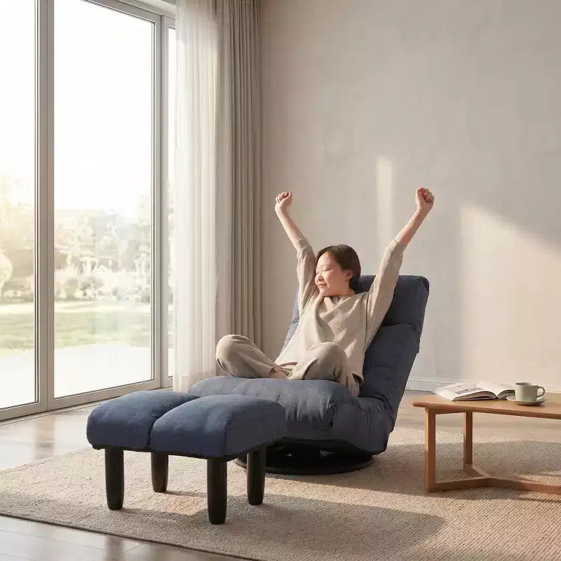 FurnitureR Swivel Floor Lounge Chair with Ottoman, Adjustable Reclining Lazy Chair with Footrest, Meditation Gaming Chair for Living Room Bedroom,BLUE