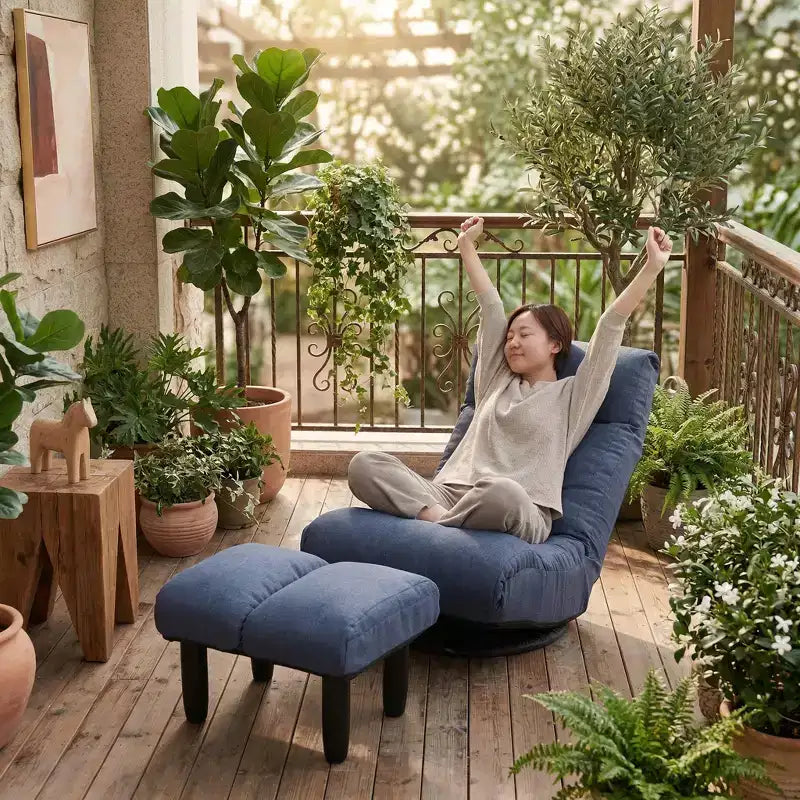 Fauteuil de sol pivotant FurnitureR avec pouf, chaise longue inclinable réglable avec repose-pieds, chaise de méditation pour salon ou chambre, BLEU