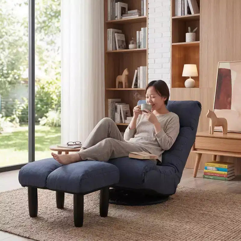 Fauteuil de sol pivotant FurnitureR avec pouf, chaise longue inclinable réglable avec repose-pieds, chaise de méditation pour salon ou chambre, BLEU