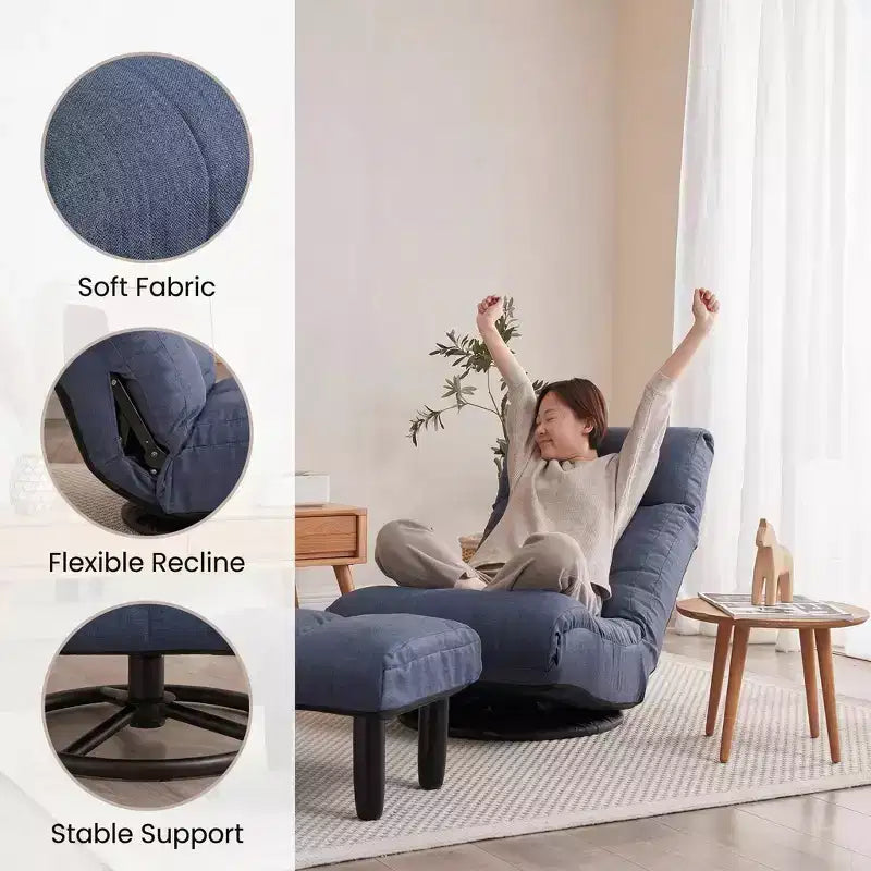 Fauteuil de sol pivotant FurnitureR avec pouf, chaise longue inclinable réglable avec repose-pieds, chaise de méditation pour salon ou chambre, BLEU