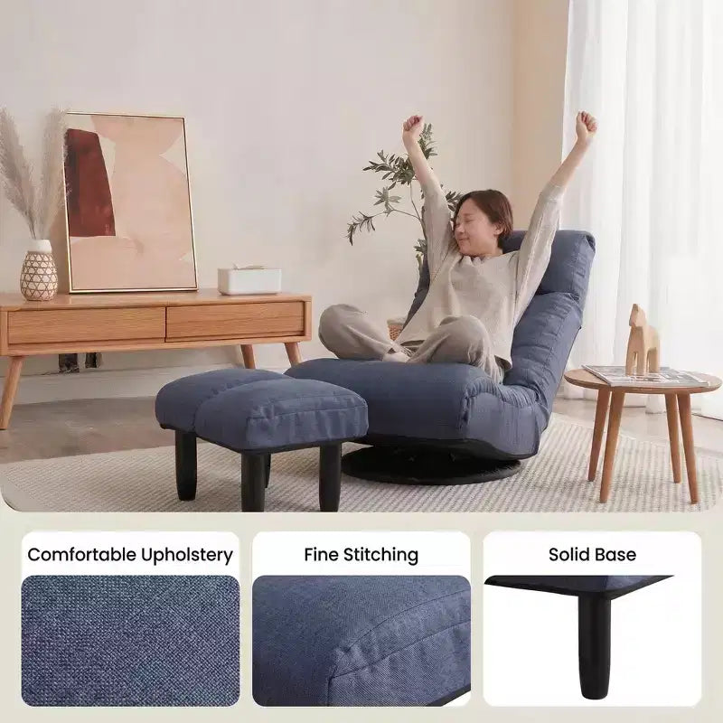 Fauteuil de sol pivotant FurnitureR avec pouf, chaise longue inclinable réglable avec repose-pieds, chaise de méditation pour salon ou chambre, BLEU