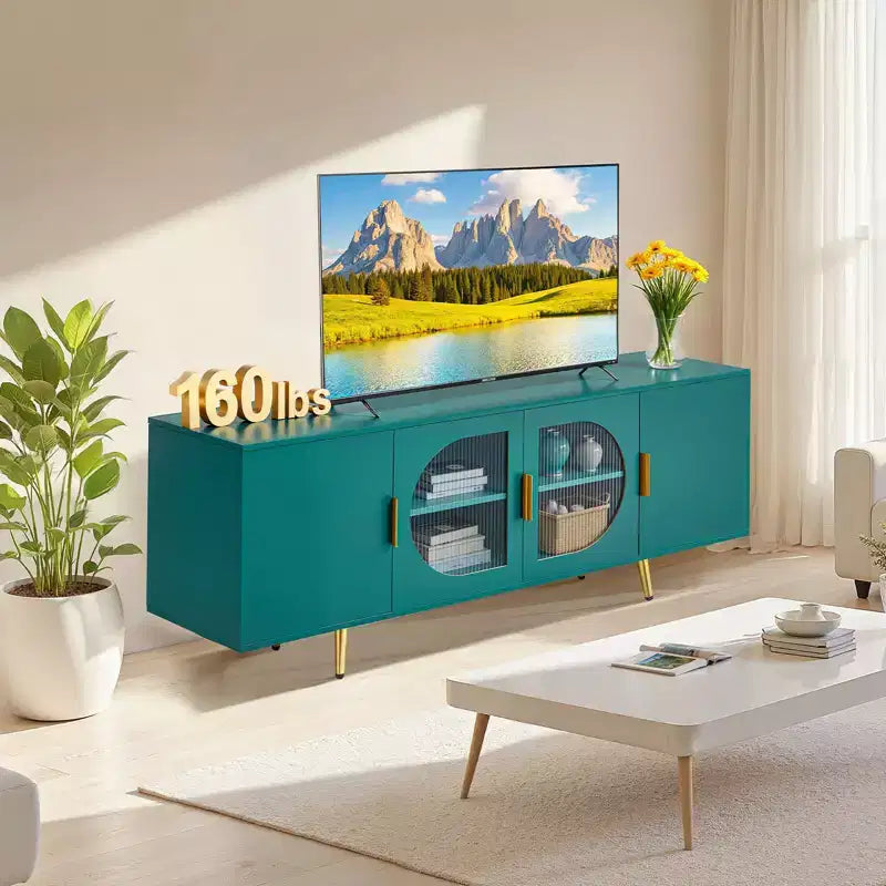 Meuble TV pour téléviseurs jusqu'à 75 pouces, meuble de divertissement moderne avec portes en verre, étagères réglables et pieds dorés
