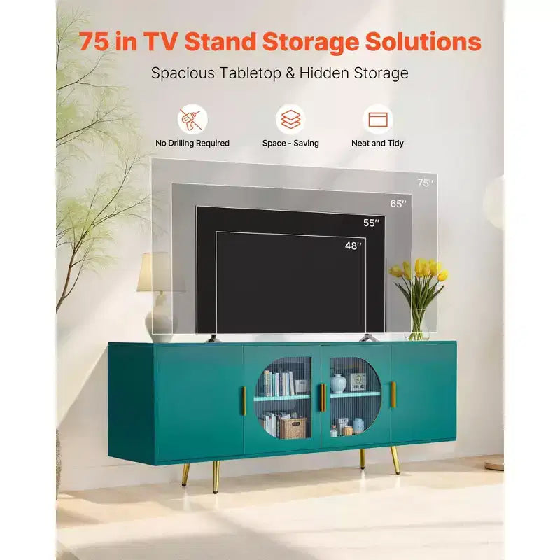 Meuble TV pour téléviseurs jusqu'à 75 pouces, meuble de divertissement moderne avec portes en verre, étagères réglables et pieds dorés