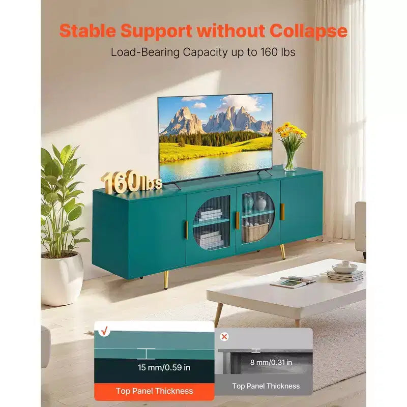 Meuble TV pour téléviseurs jusqu'à 75 pouces, meuble de divertissement moderne avec portes en verre, étagères réglables et pieds dorés