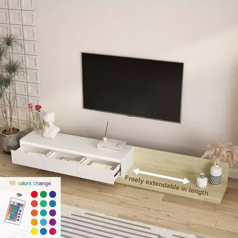 Meuble TV GDFStudio Ramsey extensible avec rangement et éclairage LED