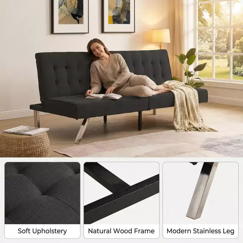 Canapé-lit futon convertible en tissu FurnitureR, canapé-lit moderne réglable avec coussin capitonné, petit canapé-lit d'appoint pour salon