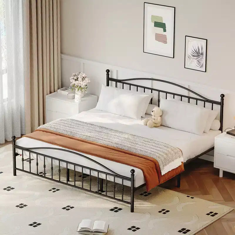 Cadre de lit plateforme en métal COZONY avec tête et pied de lit de style victorien, support à lattes en acier, pas besoin de sommier tapissier, assemblage facile, noir