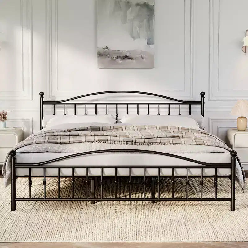 Cadre de lit plateforme en métal COZONY avec tête et pied de lit de style victorien, support à lattes en acier, pas besoin de sommier tapissier, assemblage facile, noir
