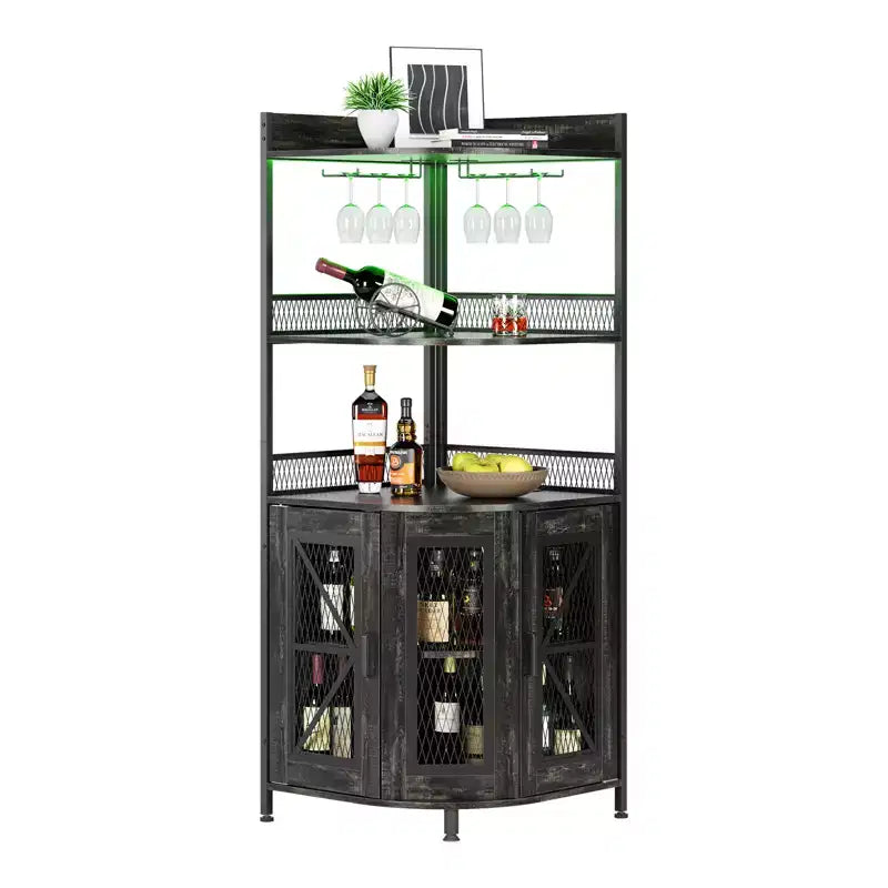 Meuble Bar d'Angle Industriel avec Prise Électrique, Meuble à Vins à 5 Niveaux avec Bande LED et Porte-Verres, Meuble de Rangement pour Alcool pour Bar à Domicile