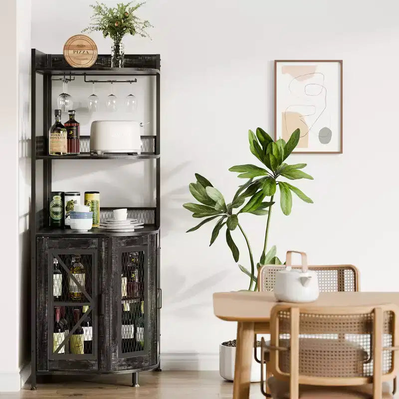 Meuble Bar d'Angle Industriel avec Prise Électrique, Meuble à Vins à 5 Niveaux avec Bande LED et Porte-Verres, Meuble de Rangement pour Alcool pour Bar à Domicile