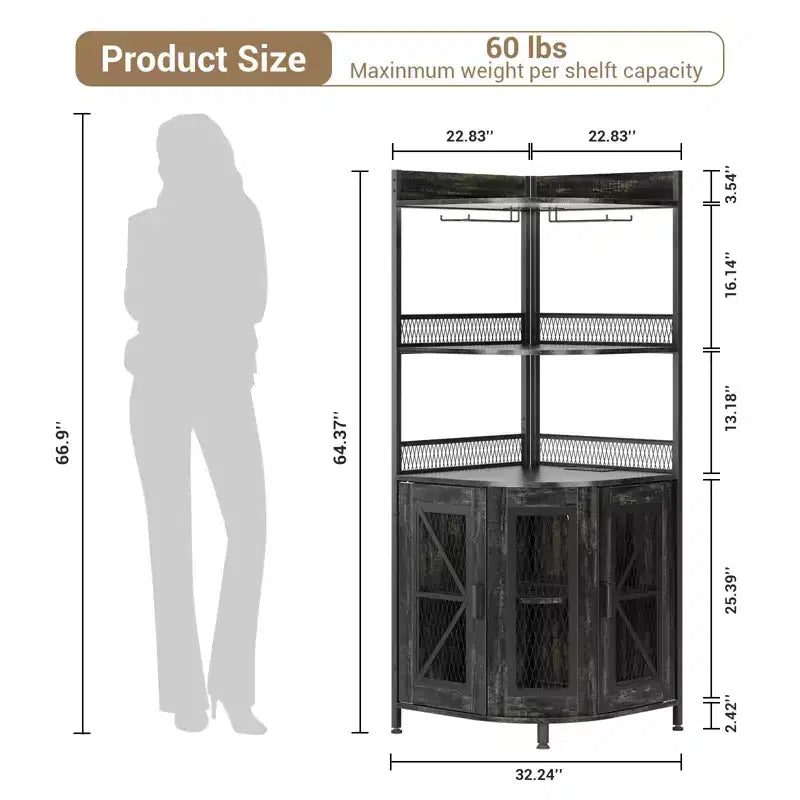 Meuble Bar d'Angle Industriel avec Prise Électrique, Meuble à Vins à 5 Niveaux avec Bande LED et Porte-Verres, Meuble de Rangement pour Alcool pour Bar à Domicile