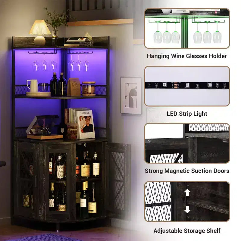 Meuble Bar d'Angle Industriel avec Prise Électrique, Meuble à Vins à 5 Niveaux avec Bande LED et Porte-Verres, Meuble de Rangement pour Alcool pour Bar à Domicile