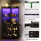 Meuble Bar d'Angle Industriel avec Prise Électrique, Meuble à Vins à 5 Niveaux avec Bande LED et Porte-Verres, Meuble de Rangement pour Alcool pour Bar à Domicile