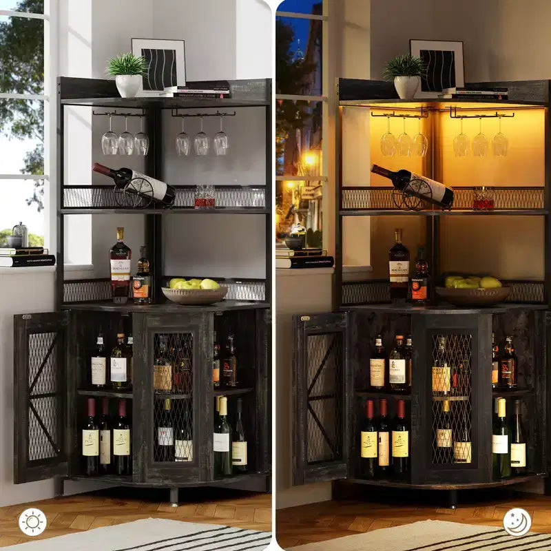 Meuble Bar d'Angle Industriel avec Prise Électrique, Meuble à Vins à 5 Niveaux avec Bande LED et Porte-Verres, Meuble de Rangement pour Alcool pour Bar à Domicile