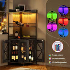 Meuble Bar d'Angle Industriel avec Prise Électrique, Meuble à Vins à 5 Niveaux avec Bande LED et Porte-Verres, Meuble de Rangement pour Alcool pour Bar à Domicile