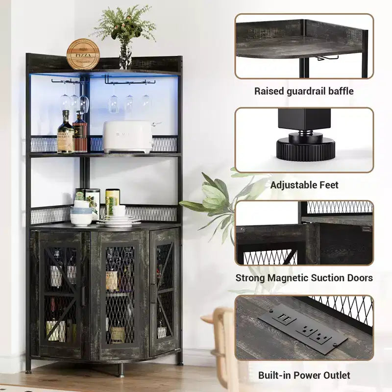 Meuble Bar d'Angle Industriel avec Prise Électrique, Meuble à Vins à 5 Niveaux avec Bande LED et Porte-Verres, Meuble de Rangement pour Alcool pour Bar à Domicile