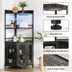 Meuble Bar d'Angle Industriel avec Prise Électrique, Meuble à Vins à 5 Niveaux avec Bande LED et Porte-Verres, Meuble de Rangement pour Alcool pour Bar à Domicile